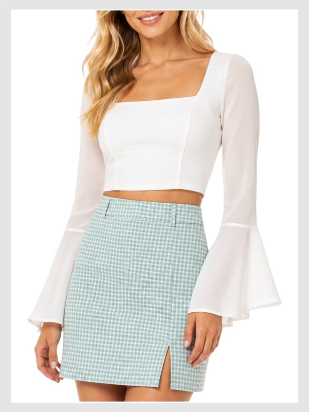 Forever 21 Mini Skirt Aqua Gingham Slit Stretch M